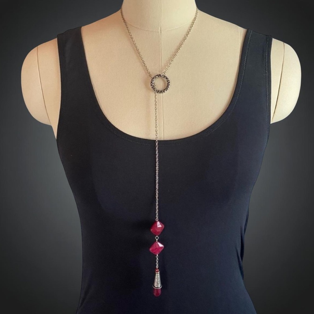 Silver Chain & Pink Stone Drop Y Necklace